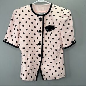 Vintage Kasper Blazer Jacket 12 Pink Black Polka Dot Puff Sleeve 80s Career